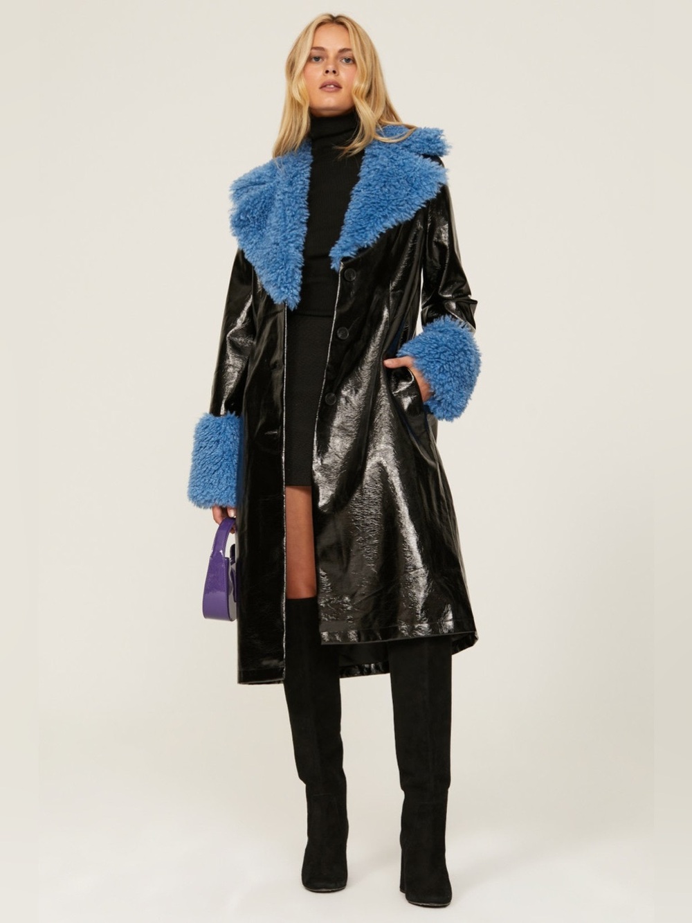 Black Patent Trench Coat with Blue Faux-Shearling Trim